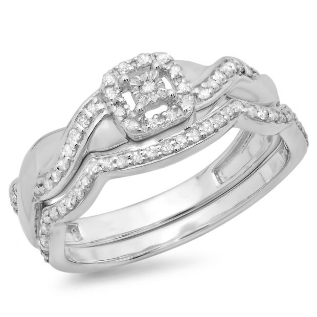 0.30 Carat (ctw) Sterling Silver Round Cut Diamond Ladies Crossover Swirl Bridal Engagement Ring With Matching Band Set 1/3 CT
