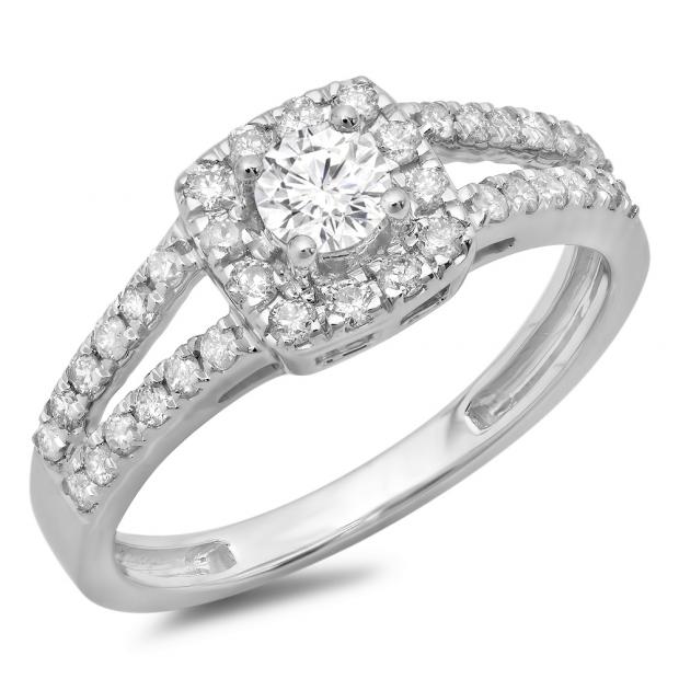 0.75 Carat (ctw) 18K White Gold Round Cut White Diamond Ladies Bridal Split Shank Halo Style Engagement Ring 3/4 CT