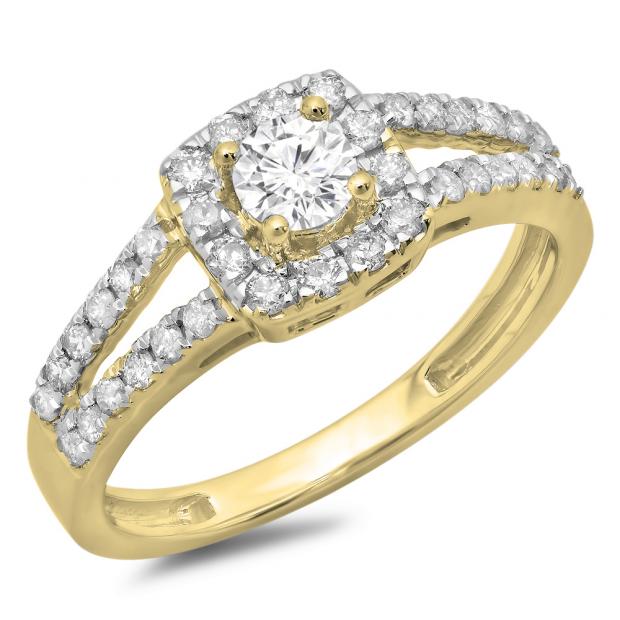 0.75 Carat (ctw) 18K Yellow Gold Round Cut White Diamond Ladies Bridal Split Shank Halo Style Engagement Ring 3/4 CT