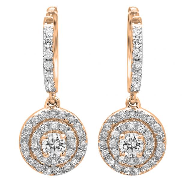 0.70 Carat (ctw) 18K Rose Gold Round White Diamond Ladies Halo Style Dangling Earrings 3/4 CT