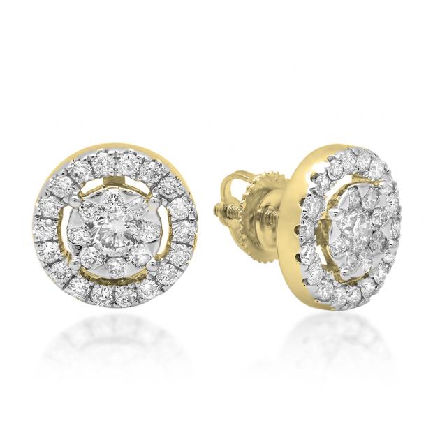 1.15 Carat (ctw) 18K Yellow Gold Round Cut White Diamond Ladies Cluster Style Stud Earrings