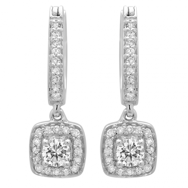 0.50 Carat (ctw) 18K White Gold Round White Diamond Ladies Halo Style Dangling Earrings 1/2 CT