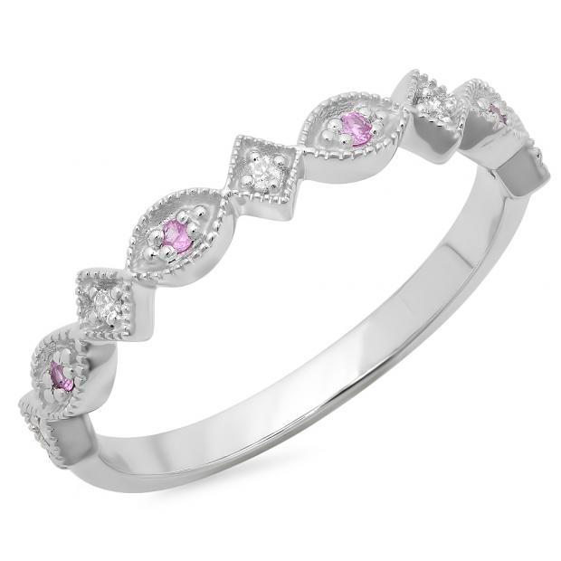 0.10 Carat (ctw) 10K White Gold Round Pink Sapphire & Diamond Ladies Vintage Style Millgrain Stackable Wedding Band 1/10 CT