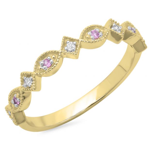 0.10 Carat (ctw) 14K Yellow Gold Round Pink Sapphire & Diamond Ladies Vintage Style Millgrain Stackable Wedding Band 1/10 CT