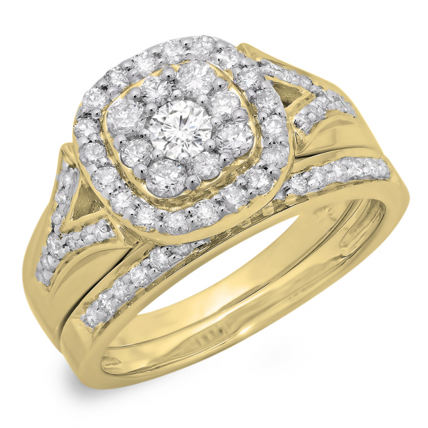 1.10 Carat (ctw) 18K Yellow Gold Round Cut Diamond Ladies Split Shank Cluster Style Engagement Ring With Matching Band Set 1 CT