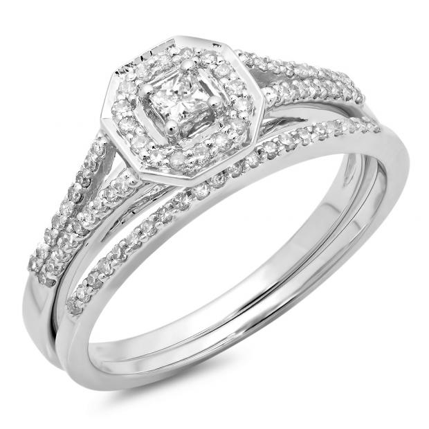 0.40 Carat (ctw) 14K White Gold Princess & Round Cut Diamond Ladies Split Shank Halo Bridal Engagement Ring With Matching Band Set