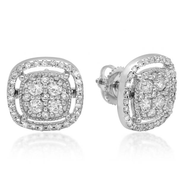 1.00 Carat (ctw) 10K White Gold Round Cut White Diamond Ladies Cluster Style Stud Earrings 1 CT