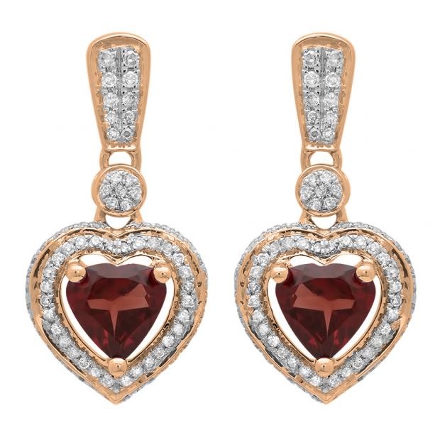 2.20 Carat (ctw) 10K Rose Gold Heart Cut Red Garnet & Round Cut White Diamond Ladies Heart Dangling Earrings