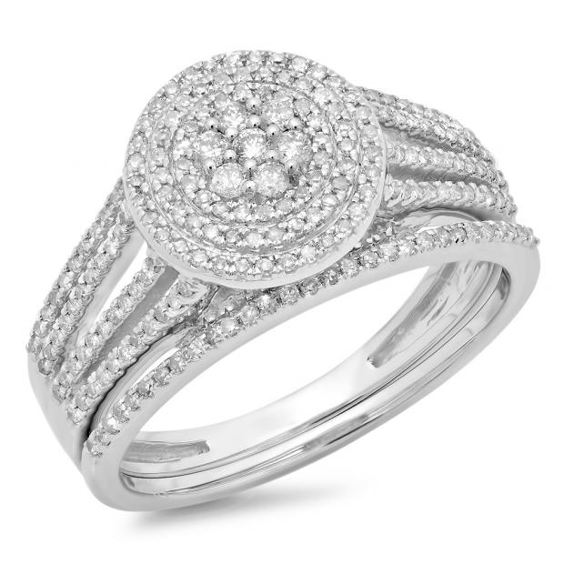 0.55 Carat (ctw) 14K White Gold Round Cut Diamond Ladies Split Shank Bridal Cluster Engagement Ring With Matching Band Set 1/2 CT