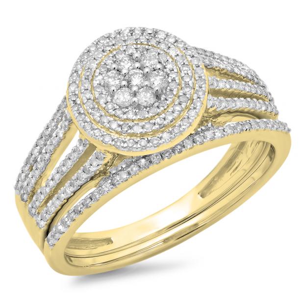 0.55 Carat (ctw) 18K Yellow Gold Round Cut Diamond Ladies Split Shank Bridal Cluster Engagement Ring With Matching Band Set 1/2 CT