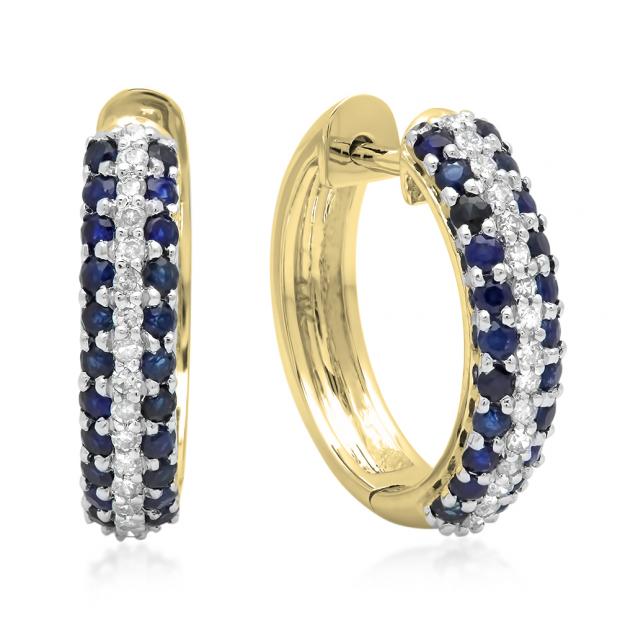 1.00 Carat (ctw) 14K Yellow Gold Round Blue Sapphire & White Diamond Ladies Pave Set Huggies Hoop Earrings 1 CT