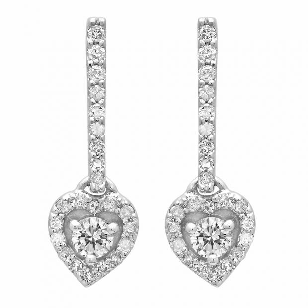 0.50 Carat (ctw) 18K White Gold Round White Diamond Ladies Heart Dangling Drop Earrings 1/2 CT