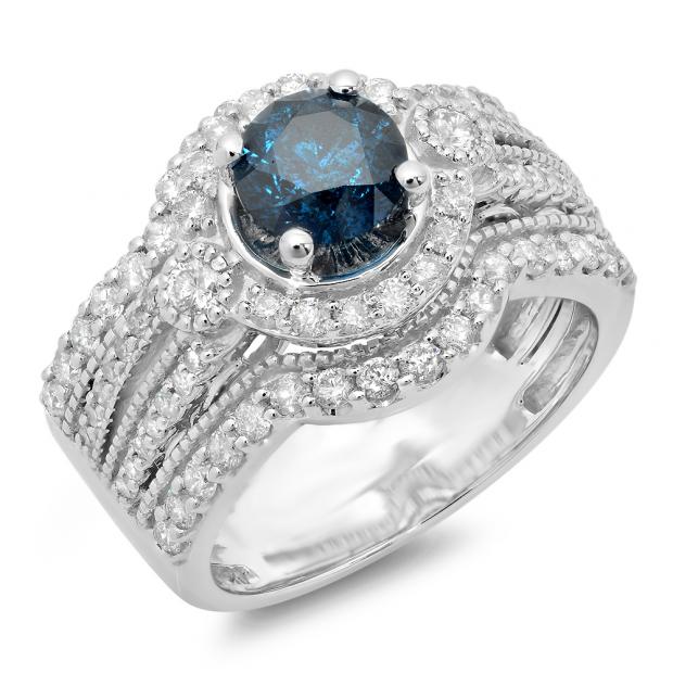 1.90 Carat (ctw) 14K White Gold Round Cut Blue & White Diamond Ladies Bridal Halo Engagement Ring