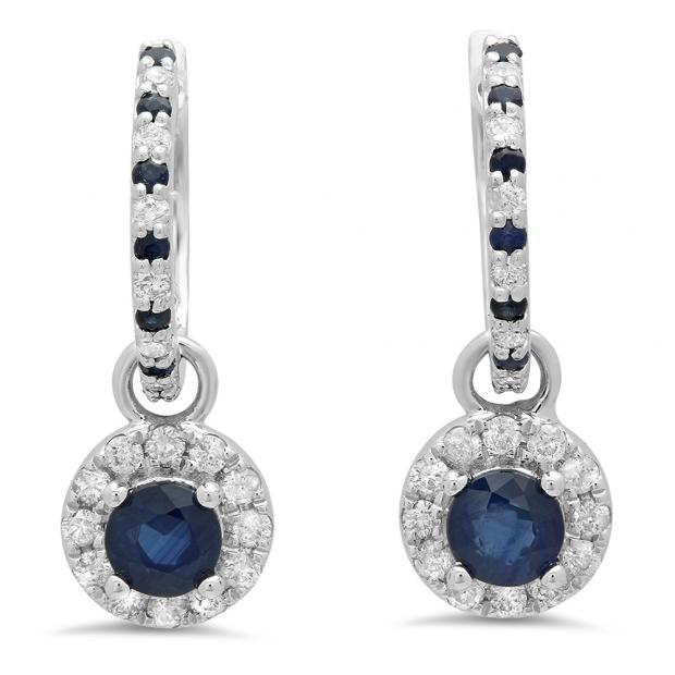 1.45 Carat (ctw) 10K White Gold Round Blue Sapphire & White Diamond Ladies Halo Style Dangling Drop Earrings 1 1/2 CT