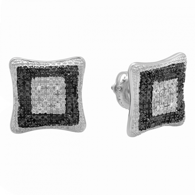 0.10 Carat Sterling Silver Blue & White Diamond Kite Stud Earrings - Micro Pave Setting, Natural Diamonds, Gift Box Included