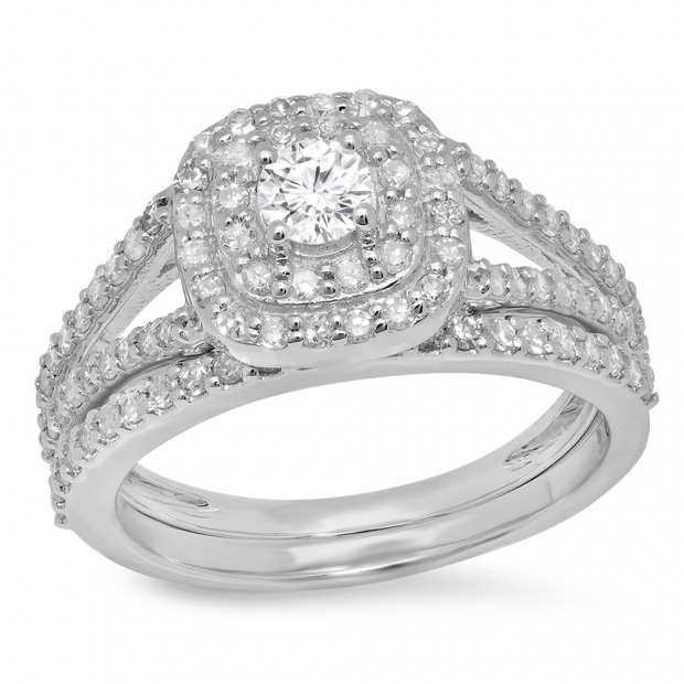 10K White Gold Diamond Engagement Ring Set - 0.07ct Trio Bridal Set
