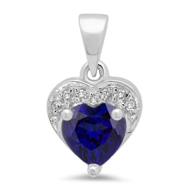 0.60 CT 14K White Gold Heart Blue Sapphire & Round White Diamond Ladies Pendant 
