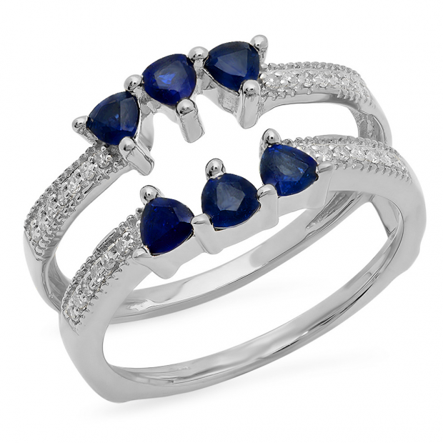 14K Gold Round Blue Sapphire /& White Diamond Ladies Wedding Band Guard Double Ring