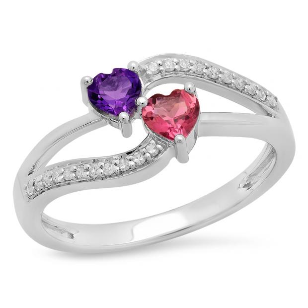 Buy 0 86 Inch 0 60 Carat Ctw 14k White Gold Heart Cut Amethyst Tourmaline Round Cut White Diamond Ladies Bridal Double Heart Promise Ring Online At Dazzlingrock Com