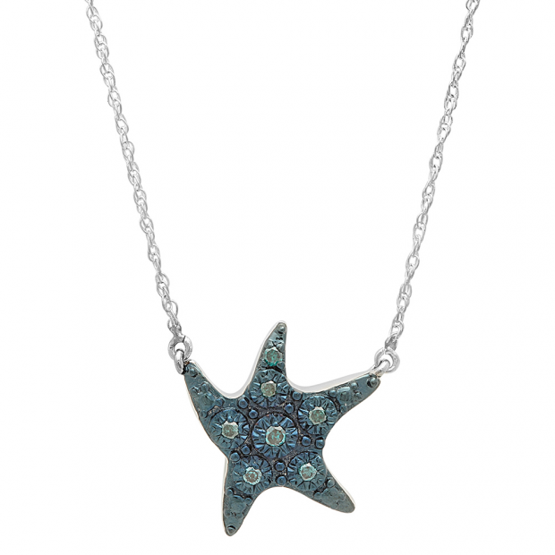 LADIES PENDANT WITH CHAIN 0.10CT ROUND BLUE DIAMOND 10K WHITE GOLD