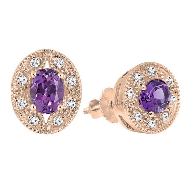 18K 7X5 orders MM Oval Gemstone & Round White Diamond Ladies Stud Earrings, Rose Gold