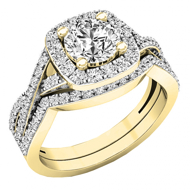2.55 Ct Round Diamond Trio Engagement & Wedding Ring Sets 14K Yellow Gold Finish 