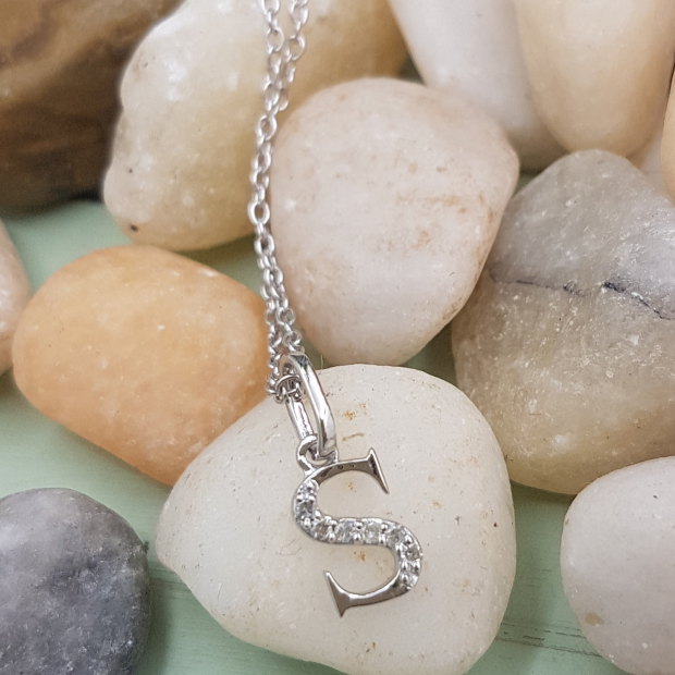 0.05 Carat Round Diamond 'S' Initial Pendant - Sterling Silver With 18-Inch Chain, Complimentary Jewelry Box
