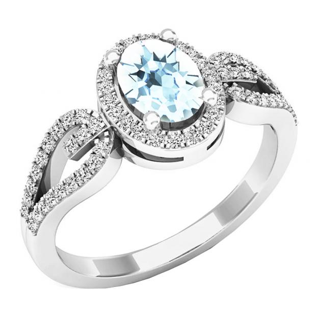 Buy Sterling Silver 7X5 MM Oval Aquamarine & Round White Diamond Bridal ...