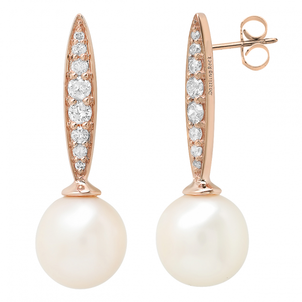 Buy 10K Rose Gold 8 MM Each Round White Freshwater Pearls Diamond Ladies Drop Earrings Online at Dazzling Rock