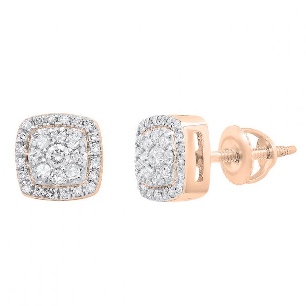 14K Rose Gold Cushion Halo Cluster Stud Earings