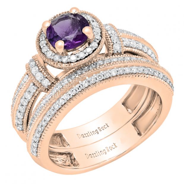 14K Rose Gold 6 mm Round Amethyst & White Diamond Ladies Engagement Bridal Band Ring Set