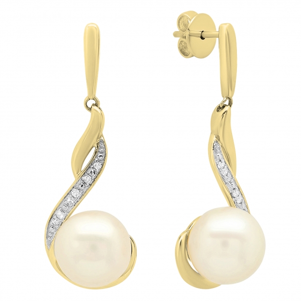 Buy 0.12 Carat ctw 14K Yellow Gold 8 MM Each Pearl Round White Diamond Ladies Dangling Drop Earrings Online at Dazzling Rock