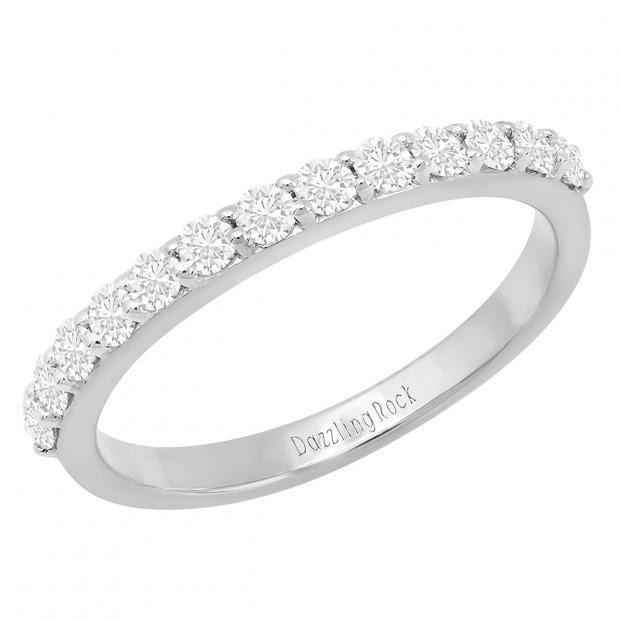 14K Solid Gold Wedding Band With White Cubic Zirconia - 0.75 Carat Total Weight Anniversary Ring