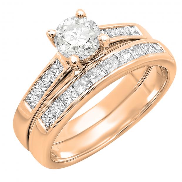 1.35 Carat (ctw) Princess Round Set & Diamond Engagement Ladies Rose 14K Ring White Gold
