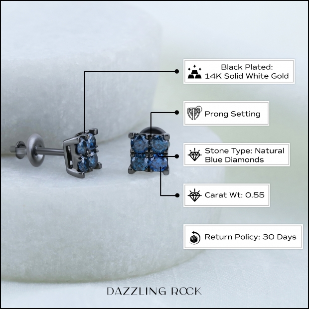 Dazzlingrock Collection 0.55 Carat Blue Diamond Stud Earrings - 14K White Gold Plated, Square Push Back