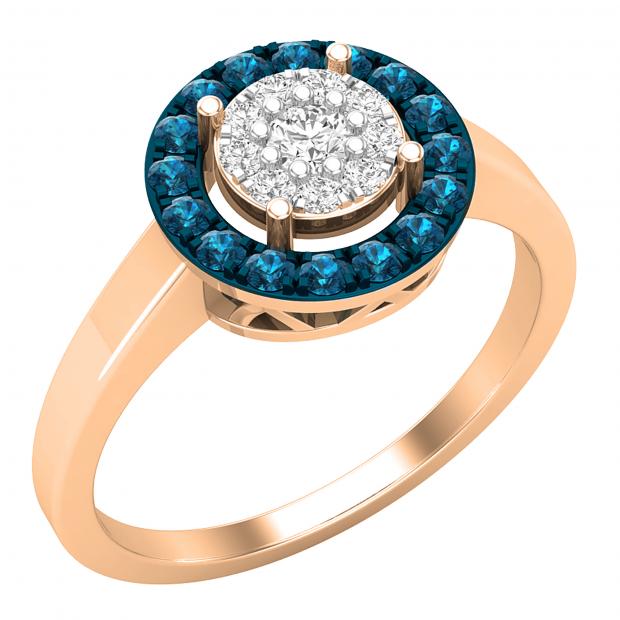 0.40 Carat (ctw) Round Blue & White Diamond Cluster Floral Engagement Ring for Her 14K Rose Gold