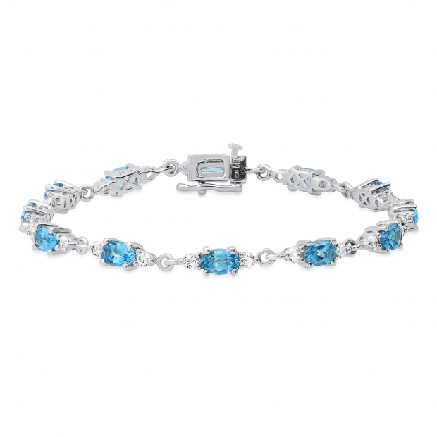 Sterling Silver Link Bracelet with Blue Topaz Stone Charm, Handcrafted