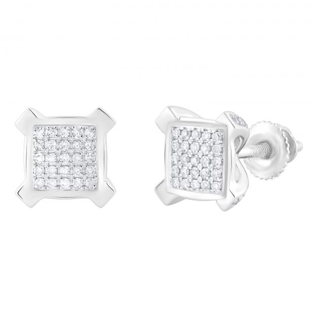 0.20 Carat (ctw) Round White Diamond Square Cluster Ice Cube Shape V Prong Stud Earrings for Women | 10K White Gold