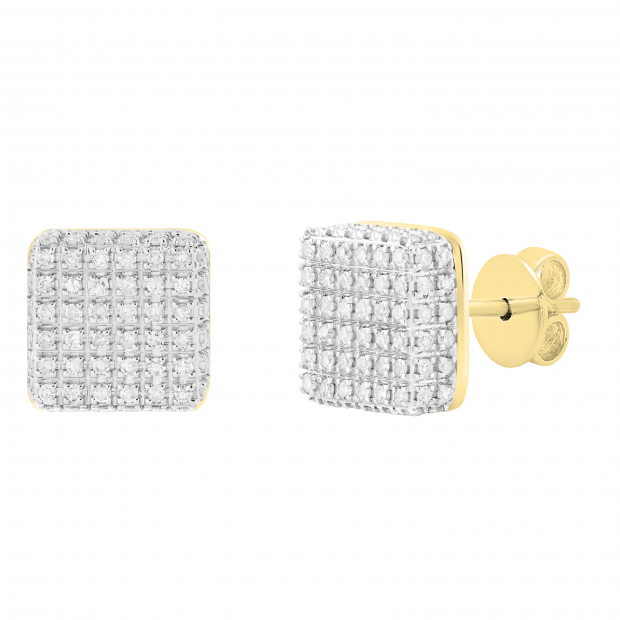 1 Carat Pave Diamond Stud Earrings 10K Yellow Gold Cube Shape