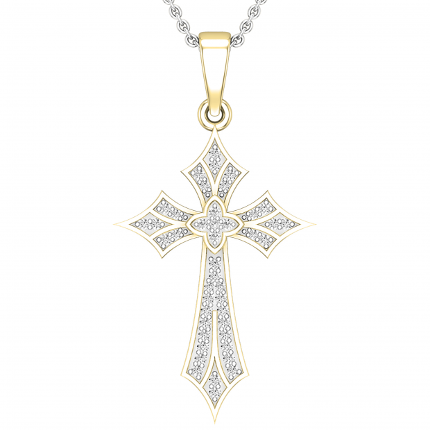 Round White Diamond Flower Cross Pendant With 18 Inch Silver Chain For Women (0.13 Ctw, Color I-J, Clarity I2-I3) In 10K Yellow Gold