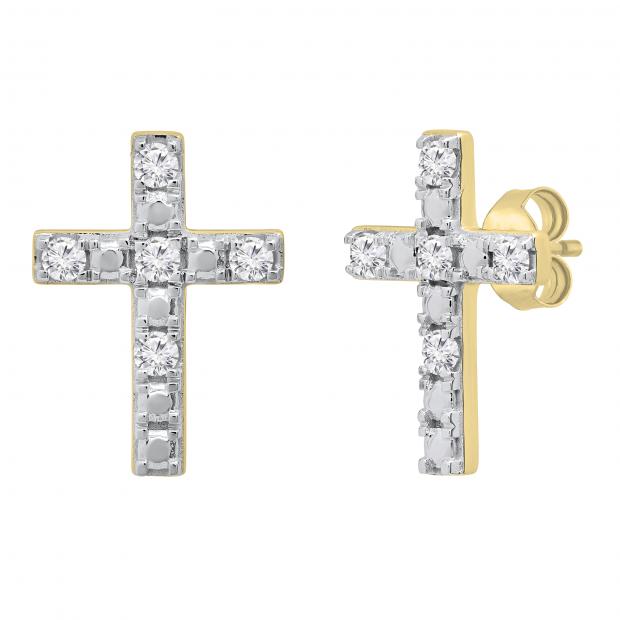 Cross 14k Yellow Gold Stud Earrings in White Diamond