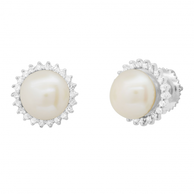 Freshwater Cultured Pearl Halo Diamond Earrings - 18K White Gold