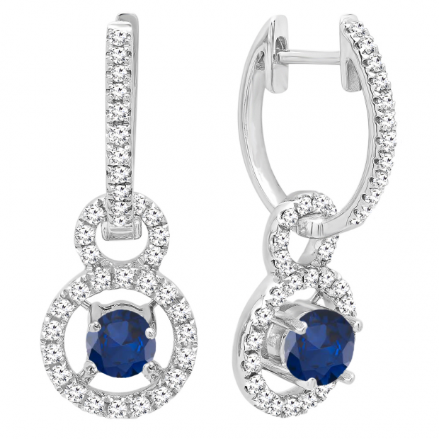 Dazzlingrock Collection 18K White Gold 4.5 MM Each Round Gemstone & White Diamond Ladies Halo Dangling Drop Earrings 