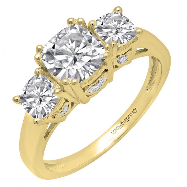 Yellow Gold Dazzlingrock Collection 10K 6 MM Cushion Gemstone And Round White Sapphire & Diamond Ladies 3 Stone Engagement Ring 