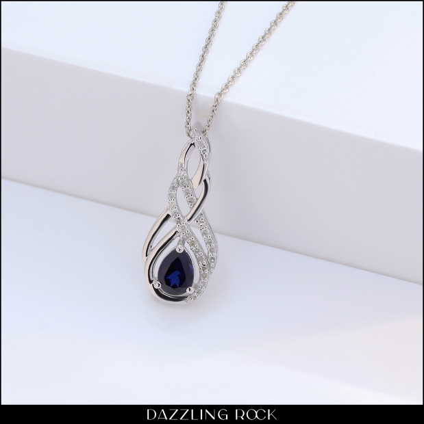 Dazzlingrock 14K Yellow Gold Teardrop Pendant - 9x6mm Lab Blue Sapphire & Diamond, 18" Chain Included
