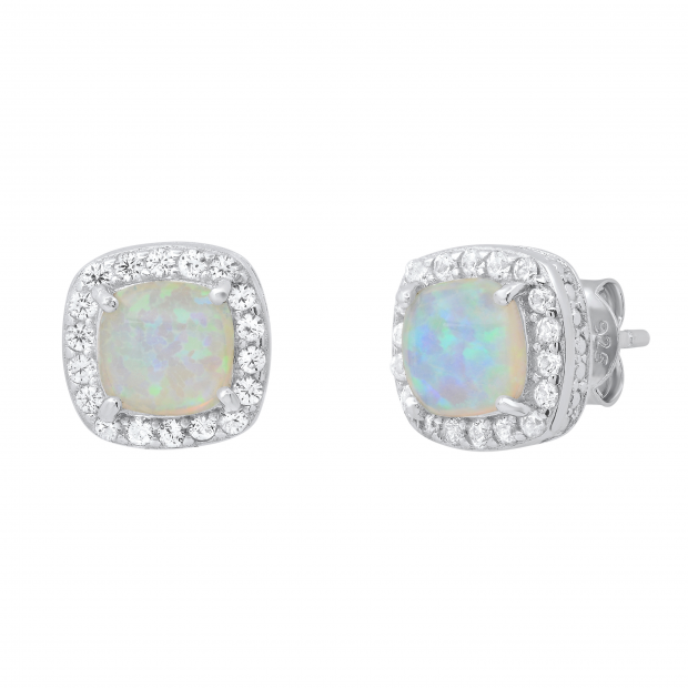 Sterling Silver Cushion 6mm Gemstone & Diamond Halo Post Earrings