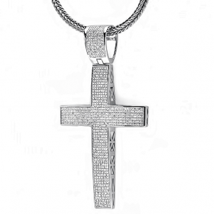 3.50 Carat (ctw) Sterling Silver White Diamond Micro Pave Mens Hip Hop Style Religious Cross Pendant Necklace FREE CHAIN