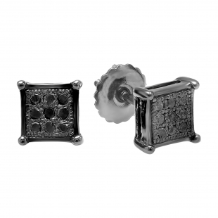 0.15 Carat Real Diamond Men's Stud Earrings - Platinum Plated Sterling Silver, V Prong Square Hip Hop Style