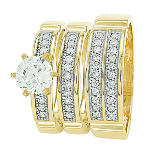 Gold Trio Sets with 6 prong round Cubic Zirconia Head Men & Women's Ring