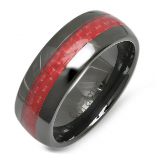 Black Ceramic Men's Ladies Unisex Ring Wedding Band 8MM Dome Shaped Polished Shiny Red Carbon Fiber Inlay Comfort Fit (Available in Sizes 8 to 12)